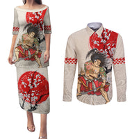 Personalised Japanese Culture Hawaii Style Couples Matching Puletasi and Long Sleeve Button Shirt Japanese Samurai with Hawaiian Pattern LT03 Beige - Polynesian Pride