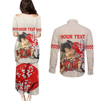 Personalised Japanese Culture Hawaii Style Couples Matching Puletasi and Long Sleeve Button Shirt Japanese Samurai with Hawaiian Pattern LT03 - Polynesian Pride