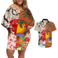 Japanese Culture Hawaii Style Couples Matching Off Shoulder Short Dress and Hawaiian Shirt Mauna Kea and Fuji Mountains LT03 Brown - Polynesian Pride
