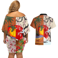 Japanese Culture Hawaii Style Couples Matching Off Shoulder Short Dress and Hawaiian Shirt Mauna Kea and Fuji Mountains LT03 - Polynesian Pride