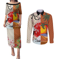 Japanese Culture Hawaii Style Couples Matching Puletasi and Long Sleeve Button Shirt Mauna Kea and Fuji Mountains LT03 Brown - Polynesian Pride
