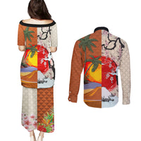 Japanese Culture Hawaii Style Couples Matching Puletasi and Long Sleeve Button Shirt Mauna Kea and Fuji Mountains LT03 - Polynesian Pride