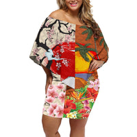 Japanese Culture Hawaii Style Off Shoulder Short Dress Mauna Kea and Fuji Mountains LT03 Women Brown - Polynesian Pride