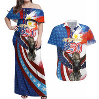 Philippines and United States Semiquincentennial Couples Matching Off Shoulder Maxi Dress and Hawaiian Shirt Eagle and National Flag Style
