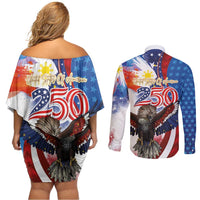 Philippines and United States Semiquincentennial Couples Matching Off Shoulder Short Dress and Long Sleeve Button Shirt Eagle and National Flag Style