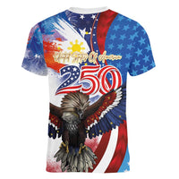 Philippines and United States Semiquincentennial Women V-Neck T-Shirt Eagle and National Flag Style