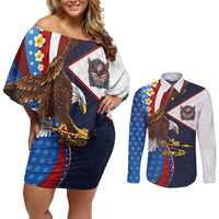 American Samoa and United States Semiquincentennial Couples Matching Off Shoulder Short Dress and Long Sleeve Button Shirt Bald Eagle with National Flag Style
