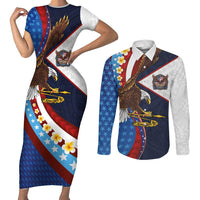 American Samoa and United States Semiquincentennial Couples Matching Short Sleeve Bodycon Dress and Long Sleeve Button Shirt Bald Eagle with National Flag Style