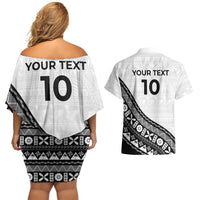 Custom Fijian Rugby Couples Matching Off Shoulder Short Dress and Hawaiian Shirt Tapa Pattern and Palm Tree Tribal