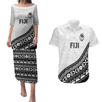 Custom Fijian Rugby Couples Matching Puletasi and Hawaiian Shirt Tapa Pattern and Palm Tree Tribal LT03 White - Polynesian Pride