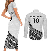 Custom Fijian Rugby Couples Matching Short Sleeve Bodycon Dress and Long Sleeve Button Shirt Tapa Pattern and Palm Tree Tribal