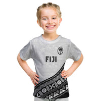 Custom Fijian Rugby Kid T Shirt Tapa Pattern and Palm Tree Tribal LT03 White - Polynesian Pride