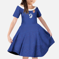 Custom Fijian Football Family Matching Off Shoulder Short Dress and Hawaiian Shirt Tapa Pattern and Shark Tribal LT03 Daughter's Dress Blue - Polynesian Pride