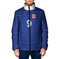 Custom Fijian Football Padded Jacket Tapa Pattern and Shark Tribal LT03 Men Blue - Polynesian Pride