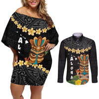 Hawaii Plumeria Lei Couples Matching Off Shoulder Short Dress and Long Sleeve Button Shirt Tiki and Kakau Pattern Black Color LT03 Black - Polynesian Pride