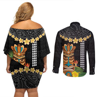 Hawaii Plumeria Lei Couples Matching Off Shoulder Short Dress and Long Sleeve Button Shirt Tiki and Kakau Pattern Black Color LT03 - Polynesian Pride