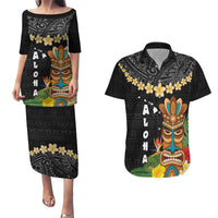 Hawaii Plumeria Lei Couples Matching Puletasi and Hawaiian Shirt Tiki and Kakau Pattern Black Color LT03 Black - Polynesian Pride