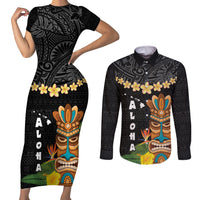 Hawaii Plumeria Lei Couples Matching Short Sleeve Bodycon Dress and Long Sleeve Button Shirt Tiki and Kakau Pattern Black Color