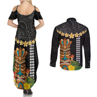 Hawaii Plumeria Lei Couples Matching Summer Maxi Dress and Long Sleeve Button Shirt Tiki and Kakau Pattern Black Color LT03 - Polynesian Pride