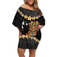 Hawaii Plumeria Lei Family Matching Off Shoulder Short Dress and Hawaiian Shirt Tiki and Kakau Pattern Black Color