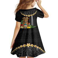 Hawaii Plumeria Lei Kid Short Sleeve Dress Tiki and Kakau Pattern Black Color
