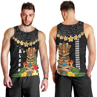 Hawaii Plumeria Lei Men Tank Top Tiki and Kakau Pattern Black Color