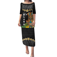 Hawaii Plumeria Lei Puletasi Tiki and Kakau Pattern Black Color LT03 Long Dress Black - Polynesian Pride