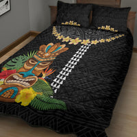 Hawaii Plumeria Lei Quilt Bed Set Tiki and Kakau Pattern Black Color