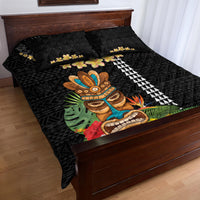 Hawaii Plumeria Lei Quilt Bed Set Tiki and Kakau Pattern Black Color