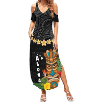 Hawaii Plumeria Lei Summer Maxi Dress Tiki and Kakau Pattern Black Color LT03 Women Black - Polynesian Pride