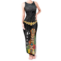 Hawaii Plumeria Lei Tank Maxi Dress Tiki and Kakau Pattern Black Color LT03 Women Black - Polynesian Pride