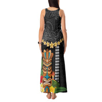 Hawaii Plumeria Lei Tank Maxi Dress Tiki and Kakau Pattern Black Color LT03 - Polynesian Pride