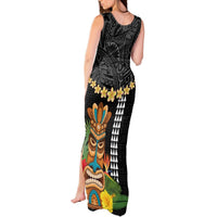 Hawaii Plumeria Lei Tank Maxi Dress Tiki and Kakau Pattern Black Color LT03 - Polynesian Pride