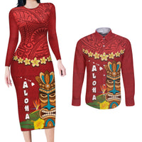 Hawaii Plumeria Lei Couples Matching Long Sleeve Bodycon Dress and Long Sleeve Button Shirt Tiki and Kakau Pattern Red Color