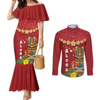 Hawaii Plumeria Lei Couples Matching Mermaid Dress and Long Sleeve Button Shirt Tiki and Kakau Pattern Red Color LT03 Red - Polynesian Pride