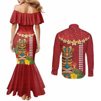 Hawaii Plumeria Lei Couples Matching Mermaid Dress and Long Sleeve Button Shirt Tiki and Kakau Pattern Red Color LT03 - Polynesian Pride