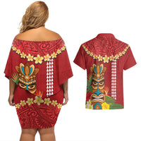 Hawaii Plumeria Lei Couples Matching Off Shoulder Short Dress and Hawaiian Shirt Tiki and Kakau Pattern Red Color
