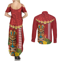 Hawaii Plumeria Lei Couples Matching Summer Maxi Dress and Long Sleeve Button Shirt Tiki and Kakau Pattern Red Color