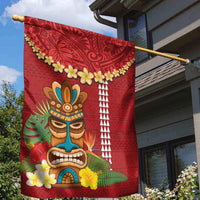 Hawaii Plumeria Lei Garden Flag Tiki and Kakau Pattern Red Color LT03 - Polynesian Pride