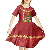 Hawaii Plumeria Lei Kid Short Sleeve Dress Tiki and Kakau Pattern Red Color
