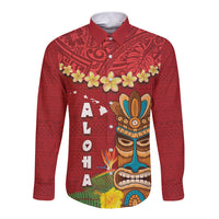 Hawaii Plumeria Lei Long Sleeve Button Shirt Tiki and Kakau Pattern Red Color LT03 Unisex Red - Polynesian Pride