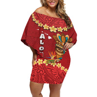 Hawaii Plumeria Lei Off Shoulder Short Dress Tiki and Kakau Pattern Red Color LT03 Women Red - Polynesian Pride