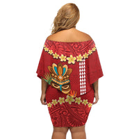 Hawaii Plumeria Lei Off Shoulder Short Dress Tiki and Kakau Pattern Red Color LT03 - Polynesian Pride