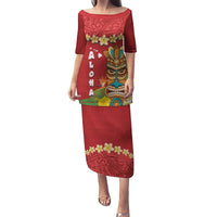 Hawaii Plumeria Lei Puletasi Tiki and Kakau Pattern Red Color LT03 Long Dress Red - Polynesian Pride