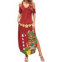 Hawaii Plumeria Lei Summer Maxi Dress Tiki and Kakau Pattern Red Color LT03 Women Red - Polynesian Pride