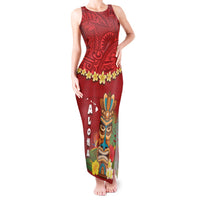 Hawaii Plumeria Lei Tank Maxi Dress Tiki and Kakau Pattern Red Color LT03 Women Red - Polynesian Pride