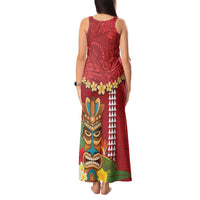Hawaii Plumeria Lei Tank Maxi Dress Tiki and Kakau Pattern Red Color LT03 - Polynesian Pride