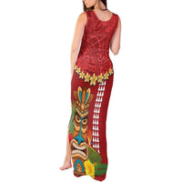 Hawaii Plumeria Lei Tank Maxi Dress Tiki and Kakau Pattern Red Color LT03 - Polynesian Pride