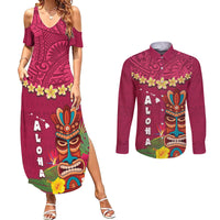 Hawaii Plumeria Lei Couples Matching Summer Maxi Dress and Long Sleeve Button Shirt Tiki and Kakau Pattern Pink Color
