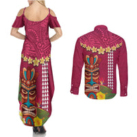 Hawaii Plumeria Lei Couples Matching Summer Maxi Dress and Long Sleeve Button Shirt Tiki and Kakau Pattern Pink Color